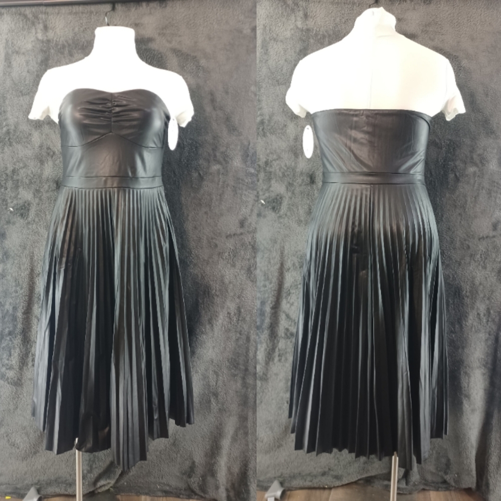 BLACK PU LEATHER Scoop Strapless Black Pleated Midi Dress XL 16-18 BNWT